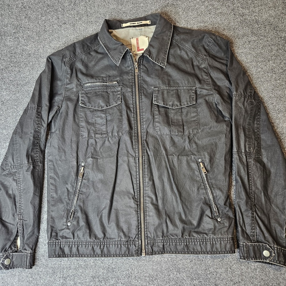 Guess Mens Military Utility Jacket Size Large Gray Twill Minimalist Grunge